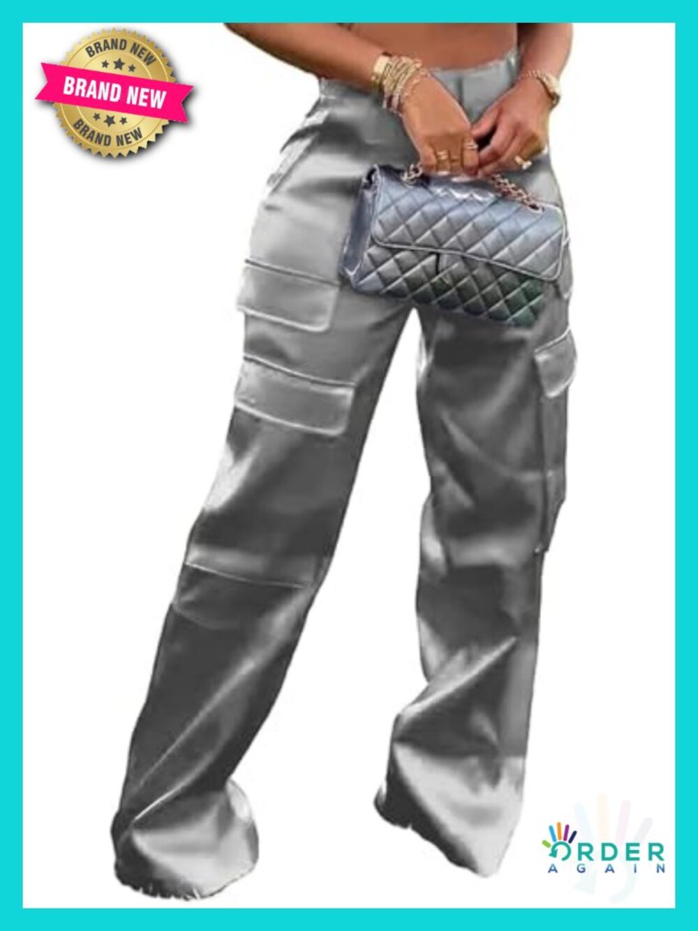 Satin Cargo Pants High Waisted Wide Leg Party Outfits Metallic Dressy Shiny
